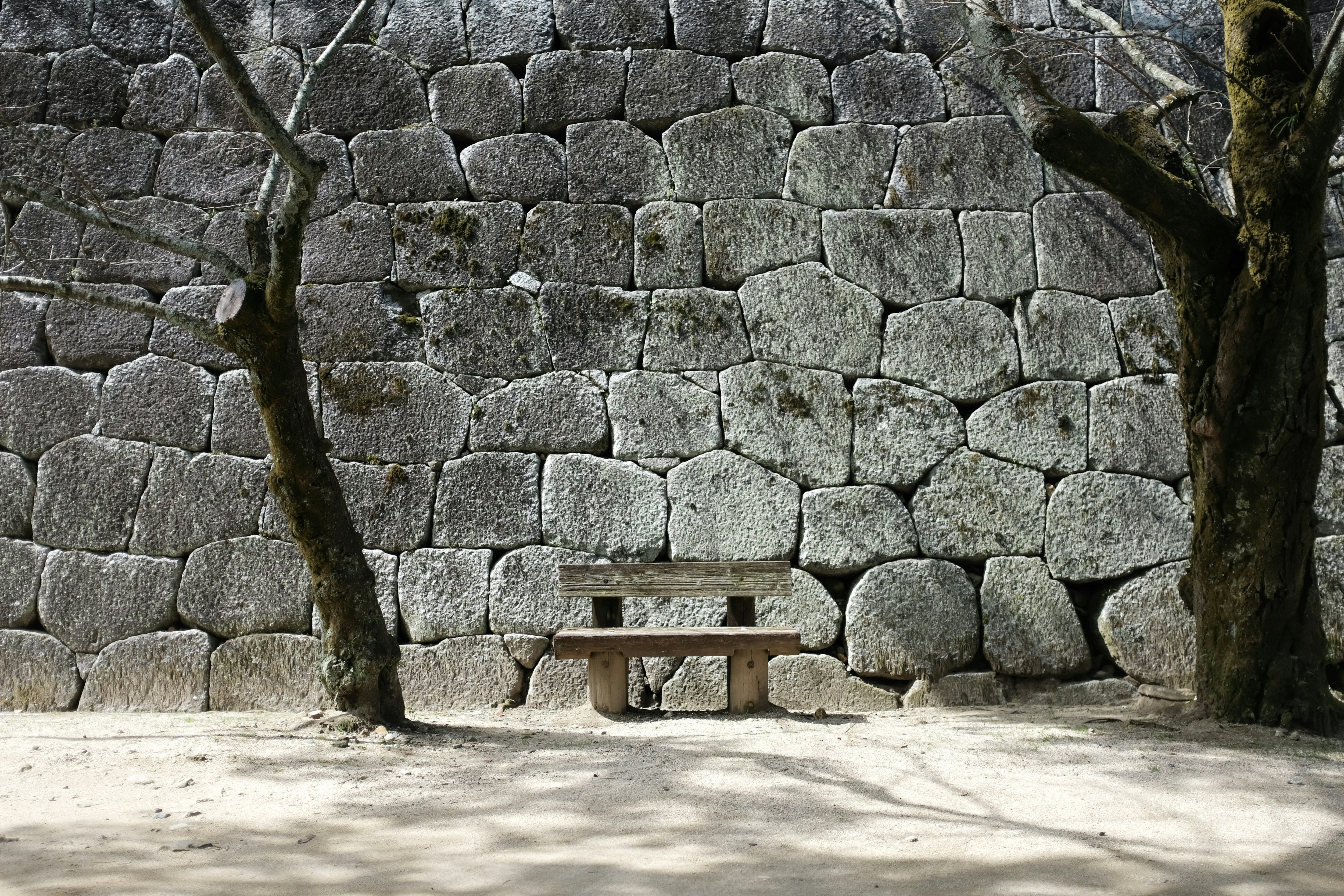 brown wooden bench beside gray concrete wall